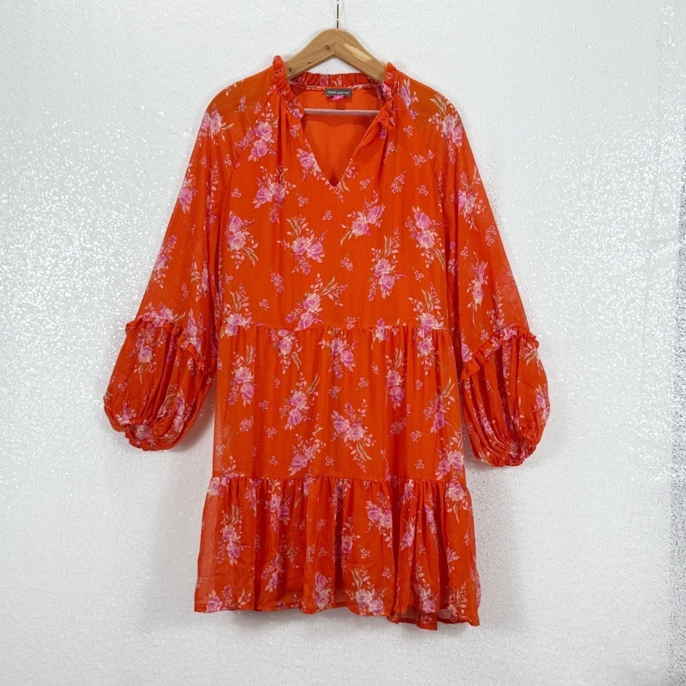 Floral Orange V-Neck Feminine Long Sleeve Midi Dress Wedding Guest Large
